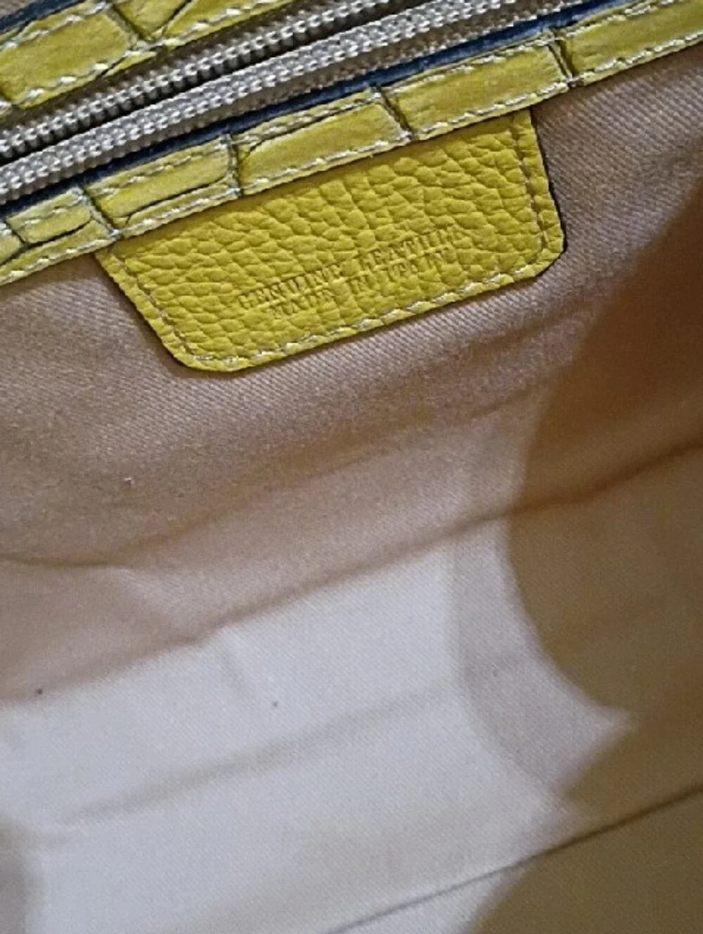 Yellow Leather Croc-Embossed Top Handle Bag with Bamboo Accent